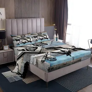 Hunt Fish Bed Sheet Set,Deer Bird Fish Animal Hunting,Bedding Deocr Set with 1 Flat & 1 Fitted Sheet,Rustic Retro Wooden Board Kids Boys Room Mattress Protector