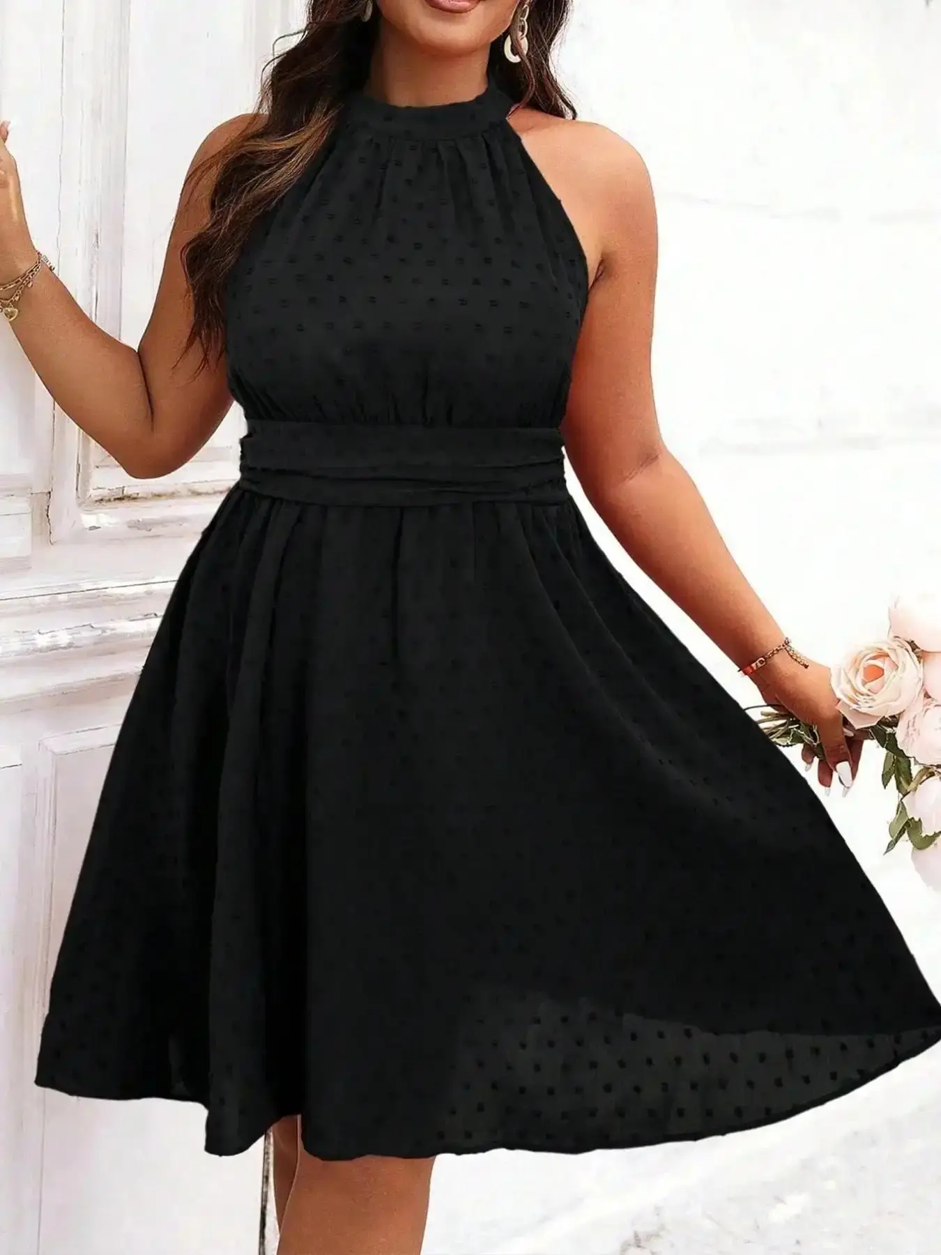 Versatile French Halter Neck Dress Womenswear Summer Beach Casual Sundress Waist Cinching Slimming Jacquard A-Line Flared Short Skirt Wear Commuter Elegance, elegant silhouette, timeless appeal, graceful flow