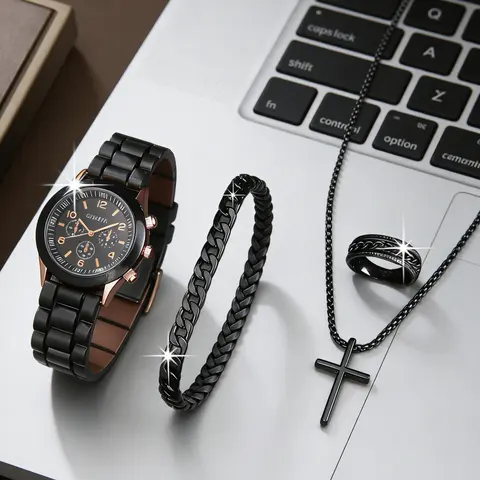 4pcs Fashion Quartz Watch Set, Necklace Bracelet Ring Jewelry Gift for Men Women, Matching Costume Jewelry Set, Halloween Thanksgiving Christmas Birthday Party, Fashionable Jewelry Set, Complete Accessories Set