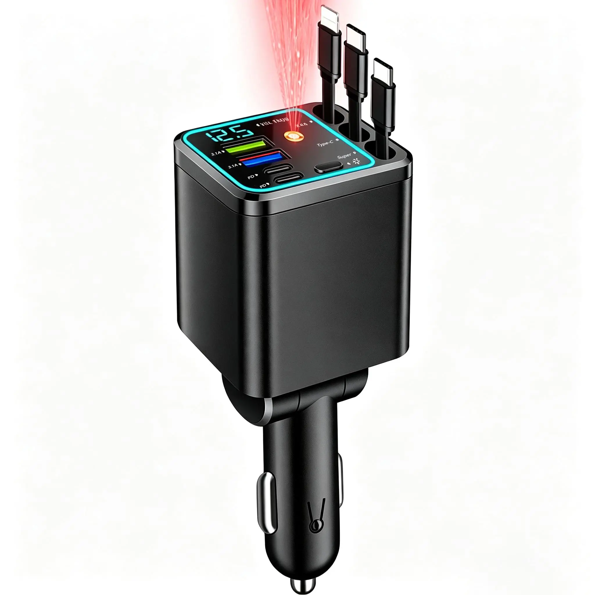 7-in-1 Super Fast Charger, Car Accessories, with Star Projector, Ambient Light, 3 Retractable Cables, 180° Adjustable Head, PD 3.0 & QC 3.0, Road Trip Essentials — Universal Fit for iPhone, Android, Tablets, Applicable to cars, pickup trucks, and large tr