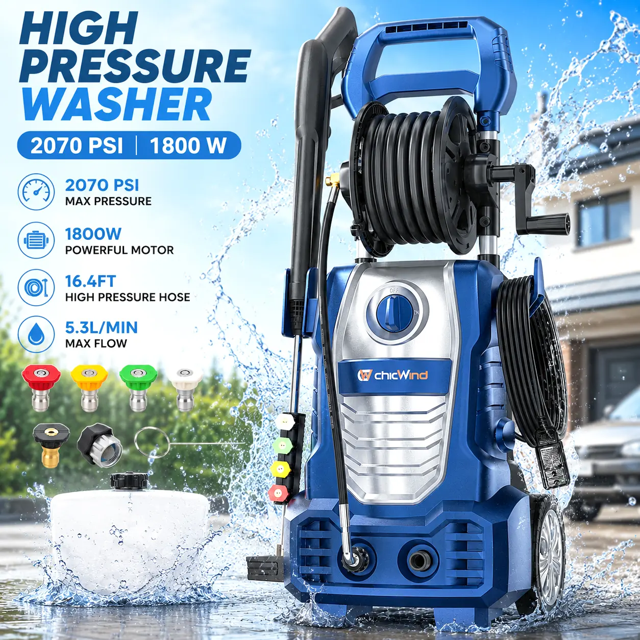 ChicWind 1800W Portable Electric High-Pressure Washer with Hose Reel - 2070 PSI, 1.67 GPM, 5 Nozzles, Foam Cannon - for Car Wash, Driveways, Fences, Window Washing, Easily Wash Away Dirt, Father's Day Gift