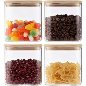 4-Pack Glass Storage Square Jars with Bamboo Lids Single 24 fl oz/720ml,Glass Canister Set, Airtight Containers for Kitchen Dry Goods, Coffee, Tea, Sugar,Flour ,Candy, Cookie, Spice