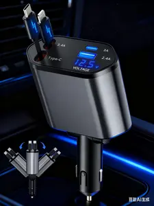 Black Friday 4-in-1 Retractable Car Charger Dual Port Fast Charge for iPhone & Samsung Type-C & Lightning Supports 2.4A & 3A Charging