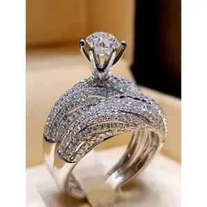 European & American Style Engagement Rings Set for Women, Silver Proposal Jewelry with Rhinestone & Diamond, Stainless Steel