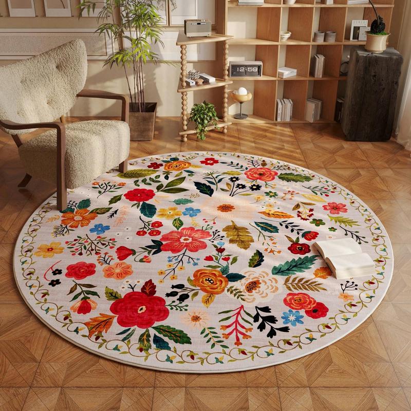 New Round Floral Boho Rug with Pink, Green & White Flowers on Beige - Low Pile Washable Non-Slip Circle Rug for Bedroom, Bathroom or Dorm