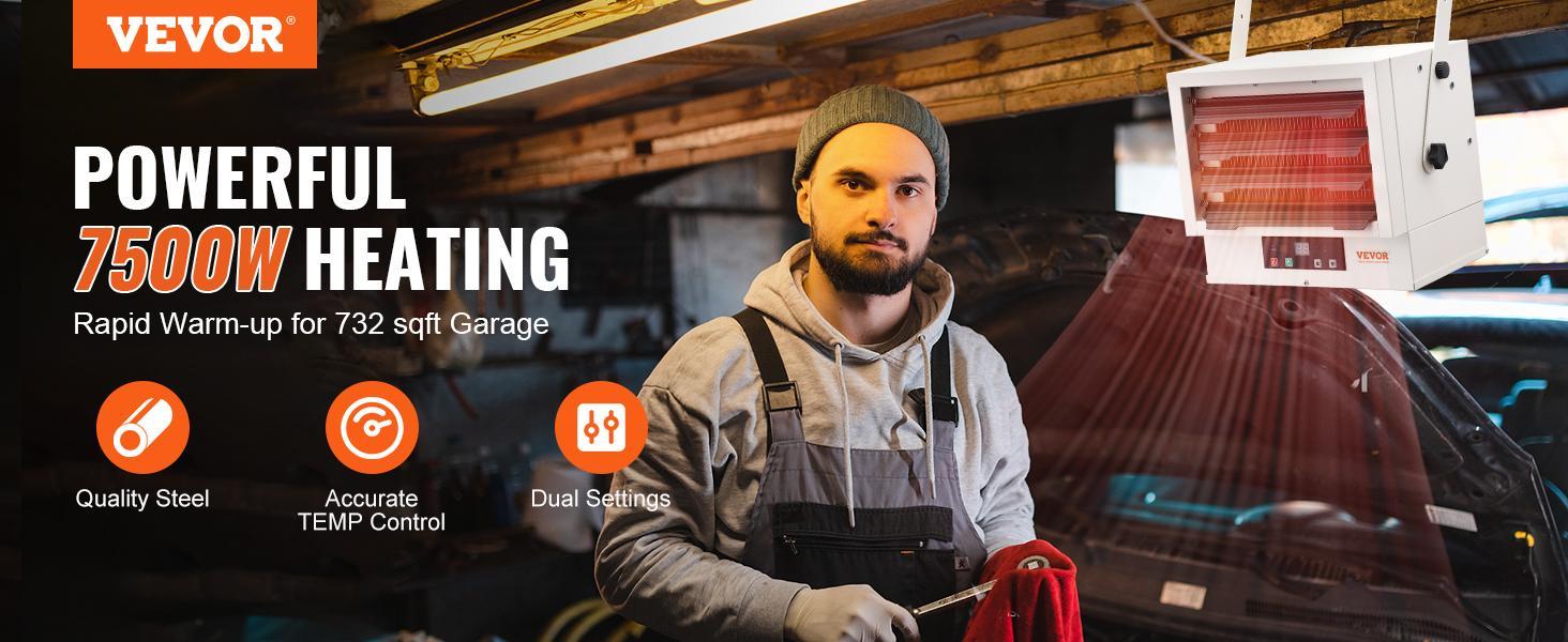 VEVOR Electric Garage Heater, TikTokShopBlackFriday, 7500-Watt Digital Fan-Forced Wall/Ceiling Mount Shop Heater, with Remote Control Overheat Protection, Hardwired Heater with 9-Hour Timer, Ideal for Workshop, ETL Listed