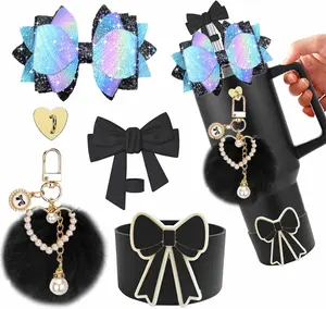 5 count Bling  Accessories for  30oz 40oz Tumbler Cup, Including Bow Straw Topper Cover, Protective  Boot, Bow Charm For Straw, Pom , no cup (black)