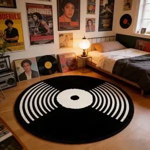 Creative Vinyl Record Carpet, Round Rug, American Vintage Style, Soft Comfortable, Hand Wash Only, Suitable for Living Room Bedroom