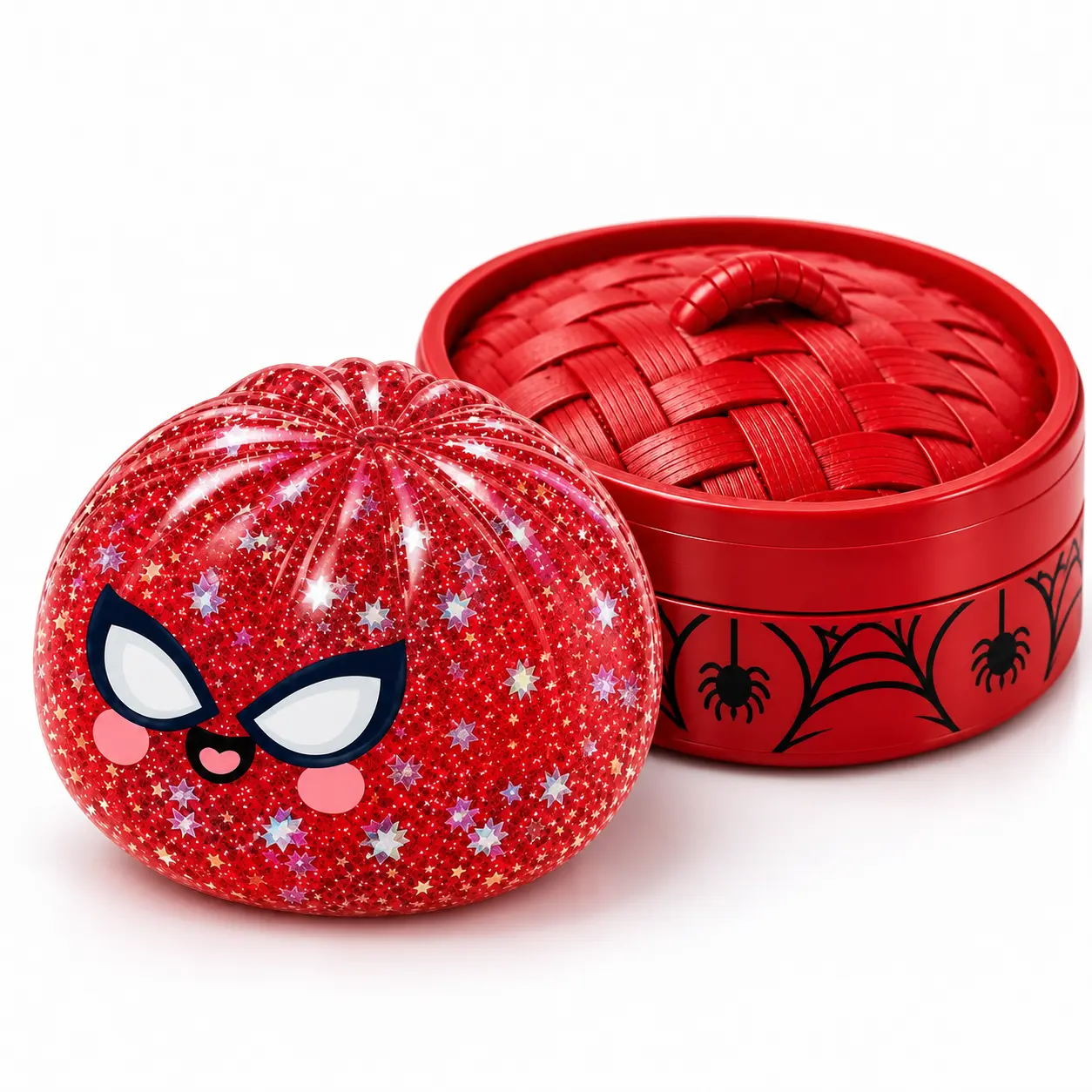 Halloween Red Spider-Themed Dumpling Squishy Toy with Steamed Box, Stress Relief Toy, 1PC, 8.5 cm