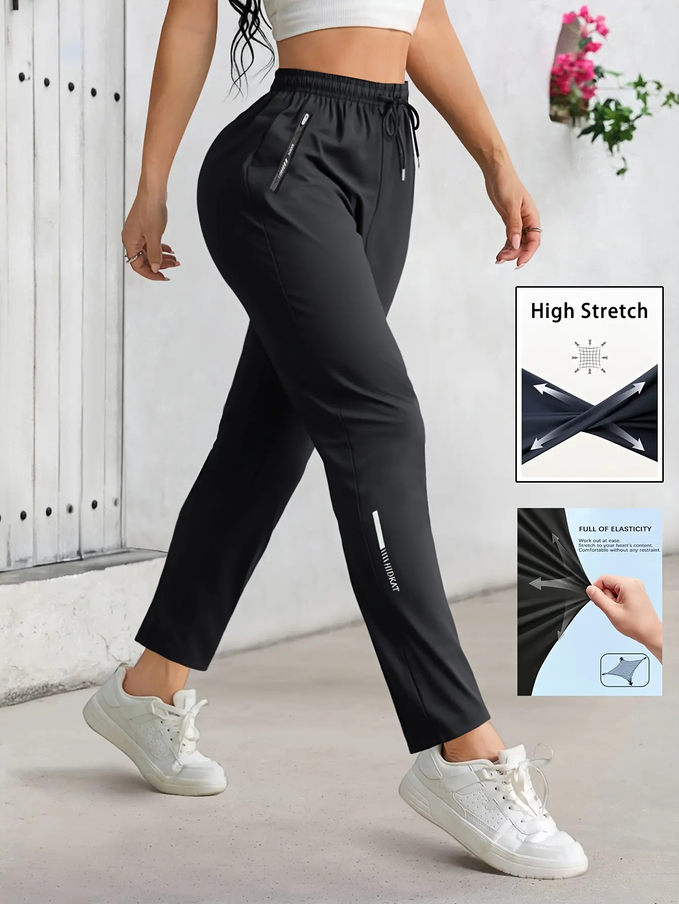 Women’s athletic casual nine-tenths pants featuring a drawstring waist and zippered pockets; solid color, versatile and stylish—ideal for everyday wear, gym workouts, yoga studios, outdoor jogging.