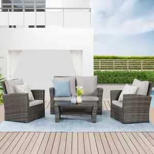 RoyalCraft L 4 Piece Outdoor Patio Furniture Sets, Wicker Conversation Set for Porch Deck, Rattan Sofa Chair with Cushion