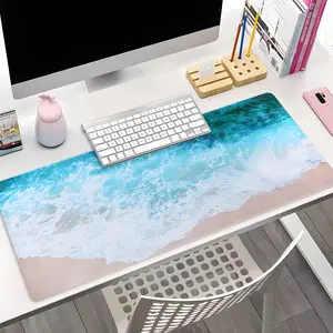 Blue Ocean Wave Beach Coastal XXL Extended Gaming Mouse Pad, Summer Tropical Aesthetic Desk Decor, Non-Slip Rubber Desk Mat with Stitched Lock Edge, Washable Keyboard Pad for PC Gaming & Home Office, Perfect Gift for Beach & Ocean Lovers