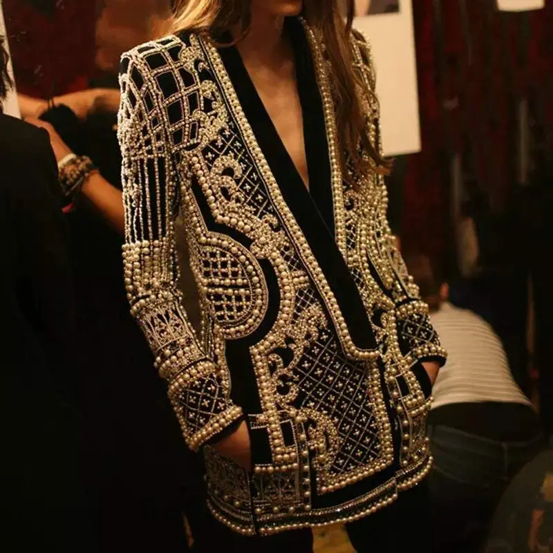 Elegant Pearl Blazer for Women, Chic Double-Breasted Gold Business Attire for Holiday Events and Parties, Lady, Clothes