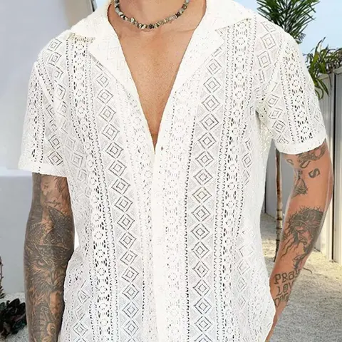 Men's Solid Geometric Hollow Out Button Front Collared Shirt, Regular Fit Classic Fashion Casual Short Sleeve Lapel Collar Top for Summer, Boho Shirt, LGBT Outfits, Men's Clothes for Daily Wear, Country Summer Shirt, Casual Button Shirts