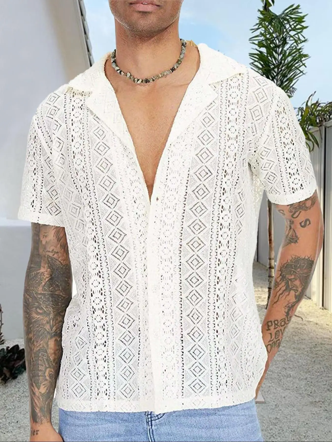 Men's Solid Geometric Hollow Out Button Front Shirt, Regular Fit Fashion Casual Short Sleeve Lapel Collar Top for Summer, LGBT Outfits, Men's Clothes