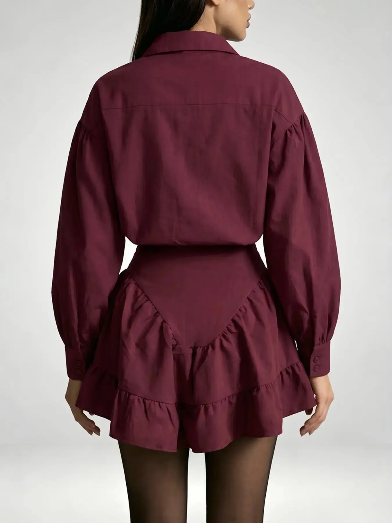 Women's Burgundy Lantern Sleeve Oversized Shirt & Ruffle Skirt Matching Set, Vintage Sweet Casual Style, Perfect for Daily Wear, Dates, Fall Winter
