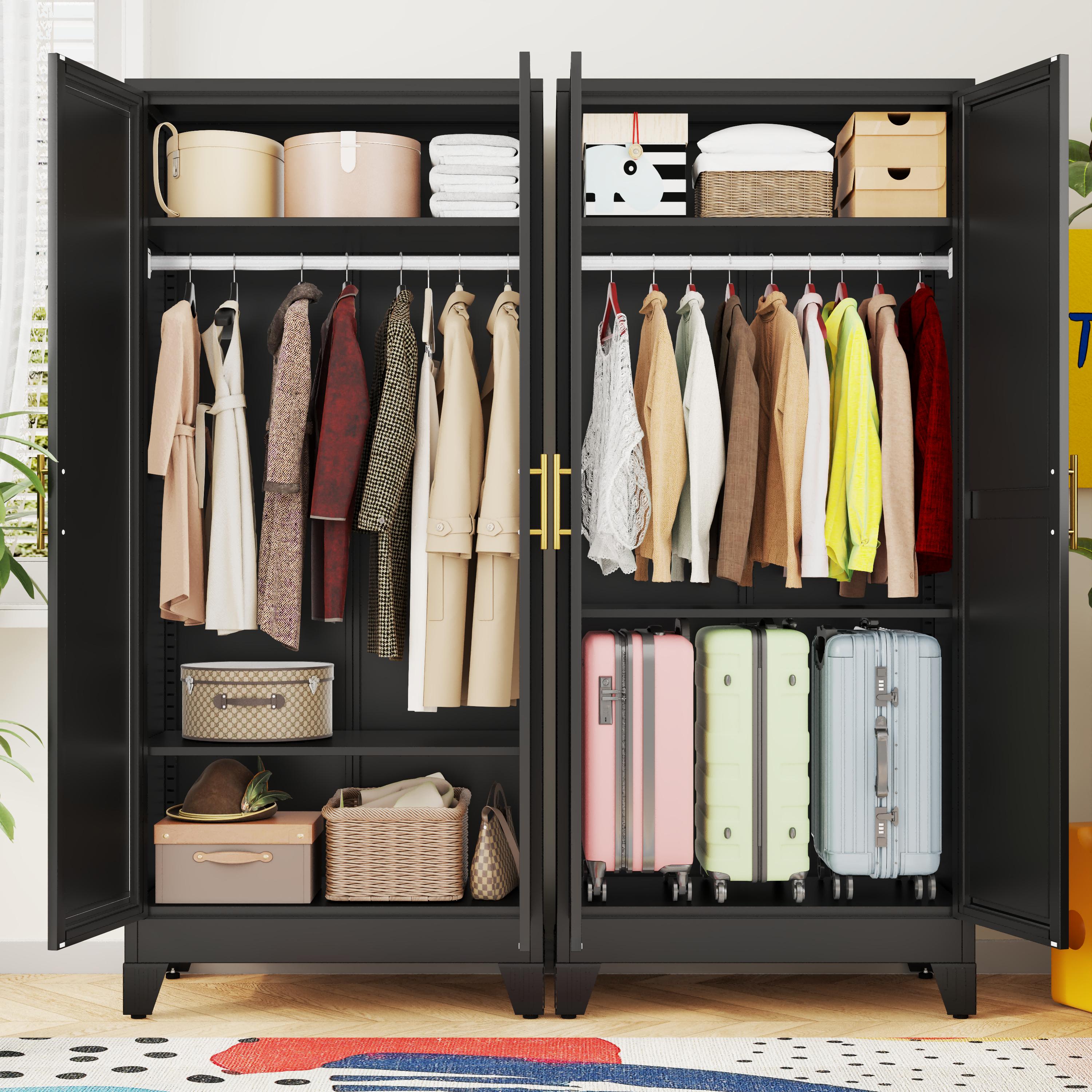 Metal Armoire Wardrobe Closet with 2 Doors, Freestanding Bedroom Clothing Storage Cabinet with Adjustable Shelves & Hanging Rod Metal Armoire Wardrobe Closet with 2 Doors, Freestanding Bedroom Clothing Storage Cabinet with Adjustable Shelves & Hanging Rod
