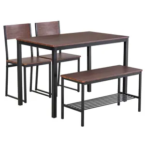 【GOOGREAT】Industrial 4 Piece Dining Room Table Set with Bench Wooden Kitchen Table and Chairs w/ Storage Rack for Kitchen, Dinette, Black/Brown