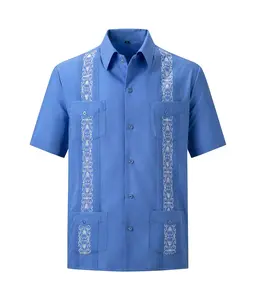 Mens Guayabera Shirts Short Sleeve Casual Snap Shirts(Blue M)