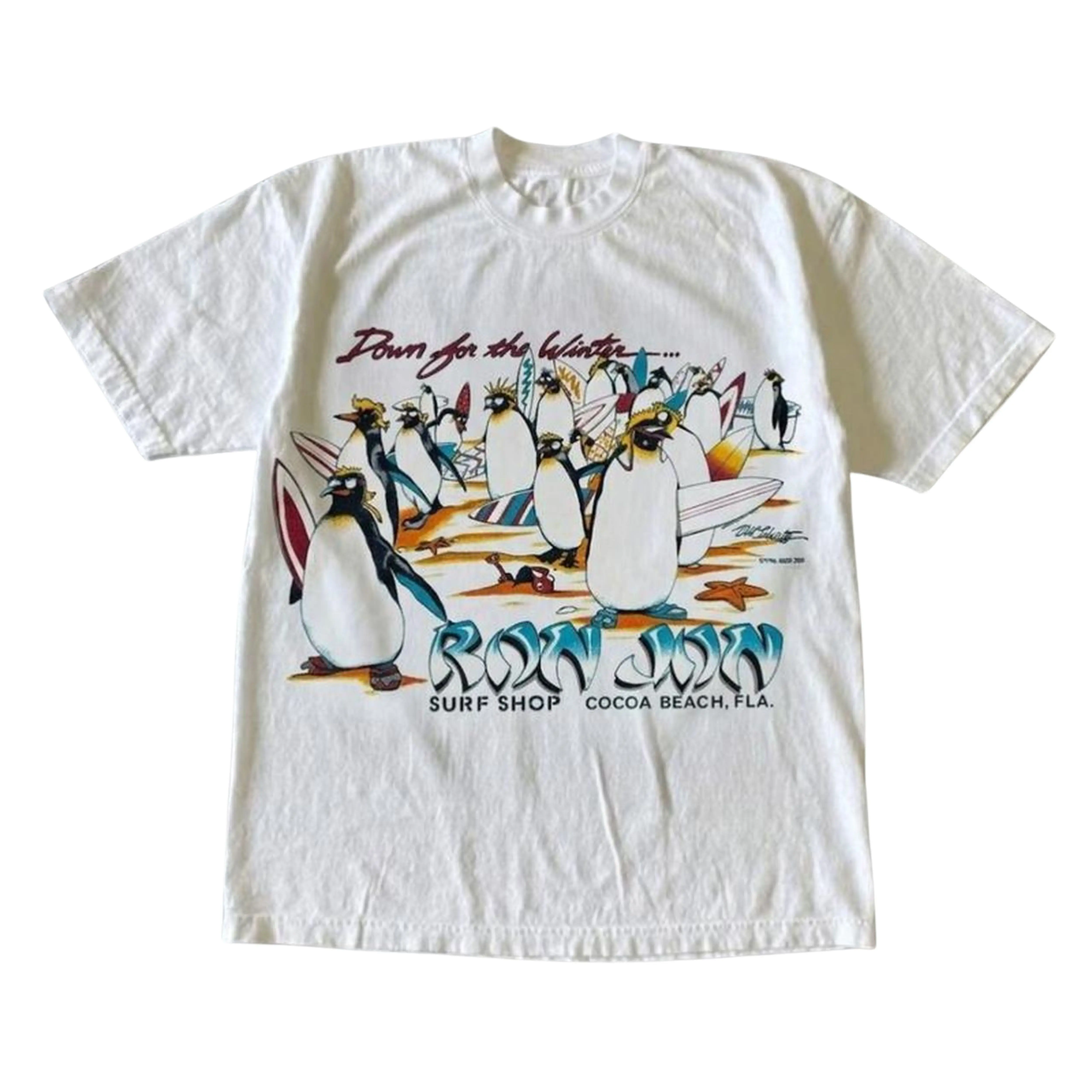 Vintage Ron Jon Penguins Surfing Beach Graphic Tee Womenswear Top