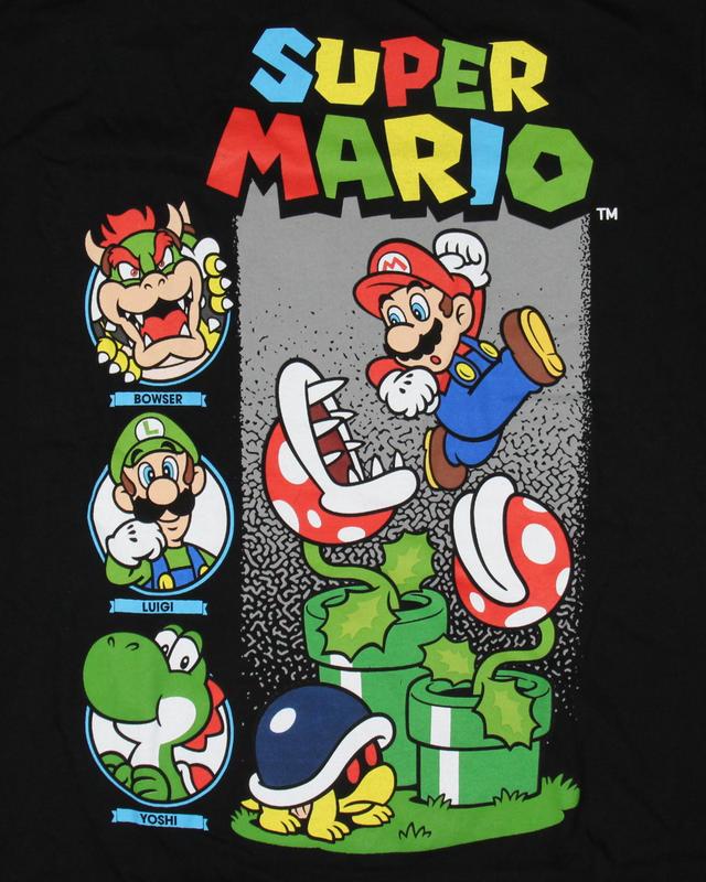 Super Mario Bros Men's Mario Watch Out Piranha Plant Bowser Luigi and Yoshi Portrait Short-Sleeve Adult T-Shirt