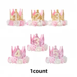 Crown Shaped Birthday Hat, 1 Count Crown Birthday Party Hat with Flower, Party Decoration Supplies for Birthday Celebration