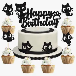 Adorable Black Cat Birthday Cake and Cupcake Decorations with Glittery Cat Toppers and "Happy Birthday" Acrylic Sign for Cat Lovers