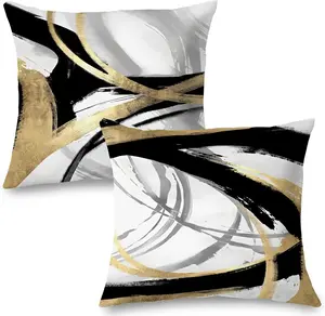 Pillow Covers Set of 2 Black White and Gold Abstract Throw Pillows Cases for Couch Living Room Bedroom 18"x18"