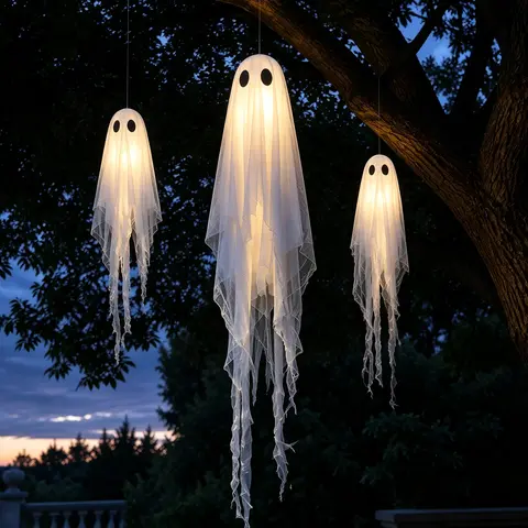 Halloween Decorations Outdoor, 3Pack 60/48-Inch Light-Up Hanging Ghosts with Remote-Controlled String Lights, Halloween Decor for Porch, Yard & Tree
