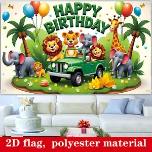 2D flat, 1pc Jungle Safari Happy Birthday Banner - 179.83cm x 109.98cm Durable Polyester, Featuring Lions, Elephants & Giraffes, Ideal for Indoor/Outdoor Party Decorations, Safari Birthday Decor