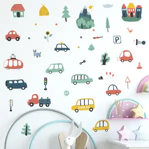 Cartoon Car Boys Wall Decals Transportation Vehicles Wall Stickers, 2 Sheets Peel and Stick Removable Wall Decors for Daycare, Kid's Room, Boys' Room, Nursery, Baby Room, Bedroom, Playroom