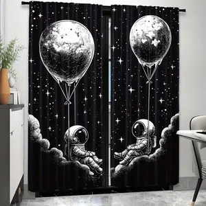 2 Piece Astronaut Print Curtains, Interior Decoration Accessories, Fashionable Rod Pocket Window Drapes for Bedroom and Living Room, Comfortable Atmosphere, Easy Installation, Window Decorations Supplies