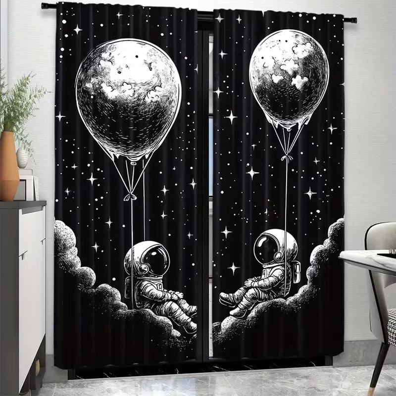2 Piece Astronaut Print Curtains, Interior Decoration Accessories, Fashionable Rod Pocket Window Hanging Drapes for Bedroom and Living Room, Comfortable Atmosphere, Easy Installation, Window Decorations Supplies, Home Decorative Curtain