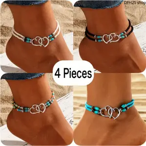 Women 4 Pcs Multicolor Shimmer Beaded Anklet Set, Hollow Double Heart Delicate Design, Elastic Adjustable Bohemian Foot Jewelry, Suitable For Daily Outfits, Sports And Outdoor Activities, Comfortable Universal Foot Ornaments For All Seasons Summer Style