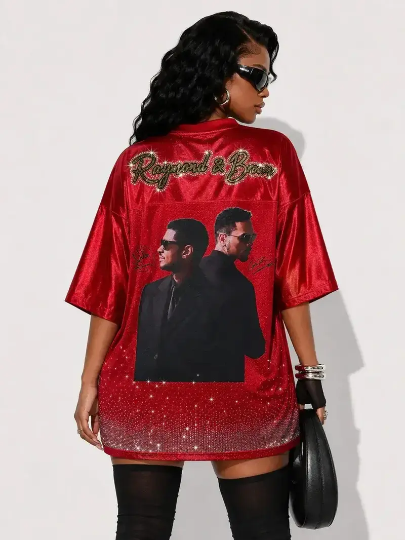 Raymond & Brown Red Glitter V-Neck Athletic Jersey, Oversized Hip Hop Concert Mesh Shirt, Vintage Rhinestone Music Fan Merch Graphic Short Sleeve Streetwear Top