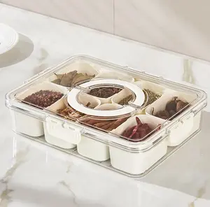 Clear 8-Compartment Divided Serving Tray with Airtight Lid and Handle, Portable Snackle Box and Charcuterie Container for Refrigerator Organization, Perfect for Sliced Fruits, Veggies, Nuts, Candies, BPA-Free