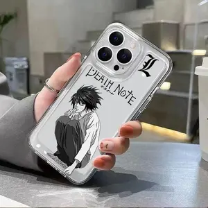 Transparent phone case with Death Note anime design, compatible with iPhone 17, 16, 15, 14, 13, and 12.