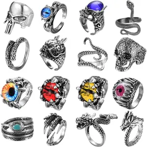 MILACOLATO 16 Pieces Vintage Punk Rings for Men Women Gothic Rings Black Dragon Snake Claw Skull Octopus Eyes of Hell Open Adjustable Rings Set