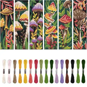 Mushroom Forest Theme Cross Stitch Bookmark DIY Art Set, 6 Counts/set Including Printed Cross Stitch Fabric, Thread, Tools and Instruction Manual