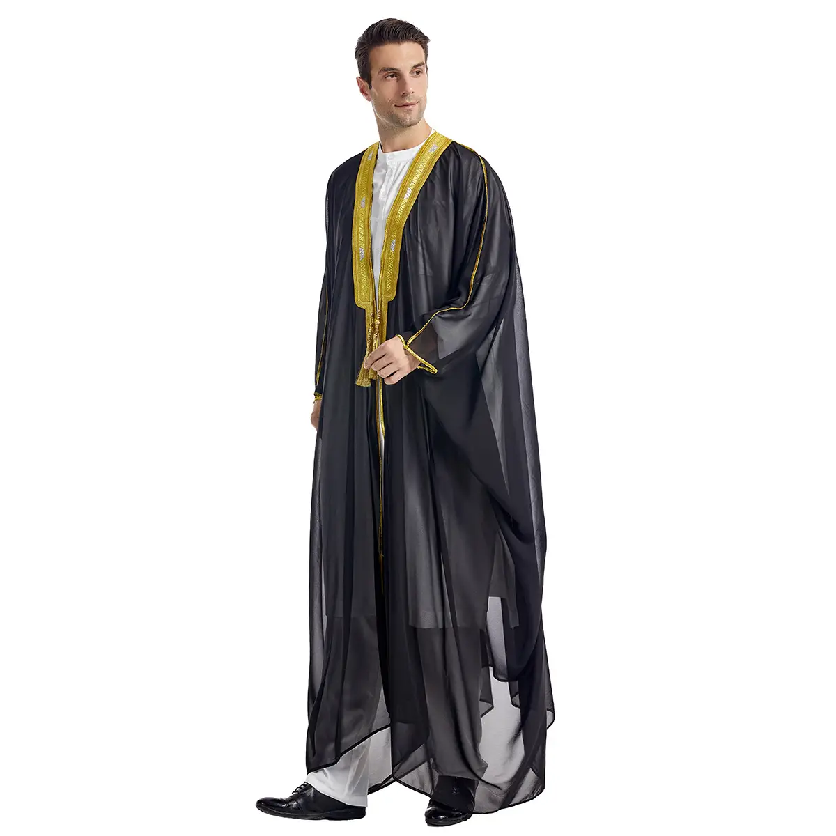 Men's Arab Thobe with Intricate Embroidery & Gold Beads Lightweight Sheer Chiffon Outer Robe Long Sleeved Muslim Modest Fashion for Daily & EidRamadan