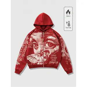 MEN Street Life Spring Casual Pattern Men's Fashion Street Angel Print Zipper Drawstring Hooded Sweatshirt with Warm Lining, Autumn/Winter Edition