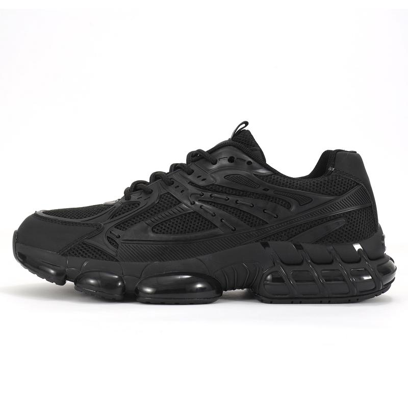 All Black Chunky Sneakers - Retro Tech-Style Cushioned Athletic Shoes, Unisex Streetwear Essential with Breathable Mesh & Bold Design