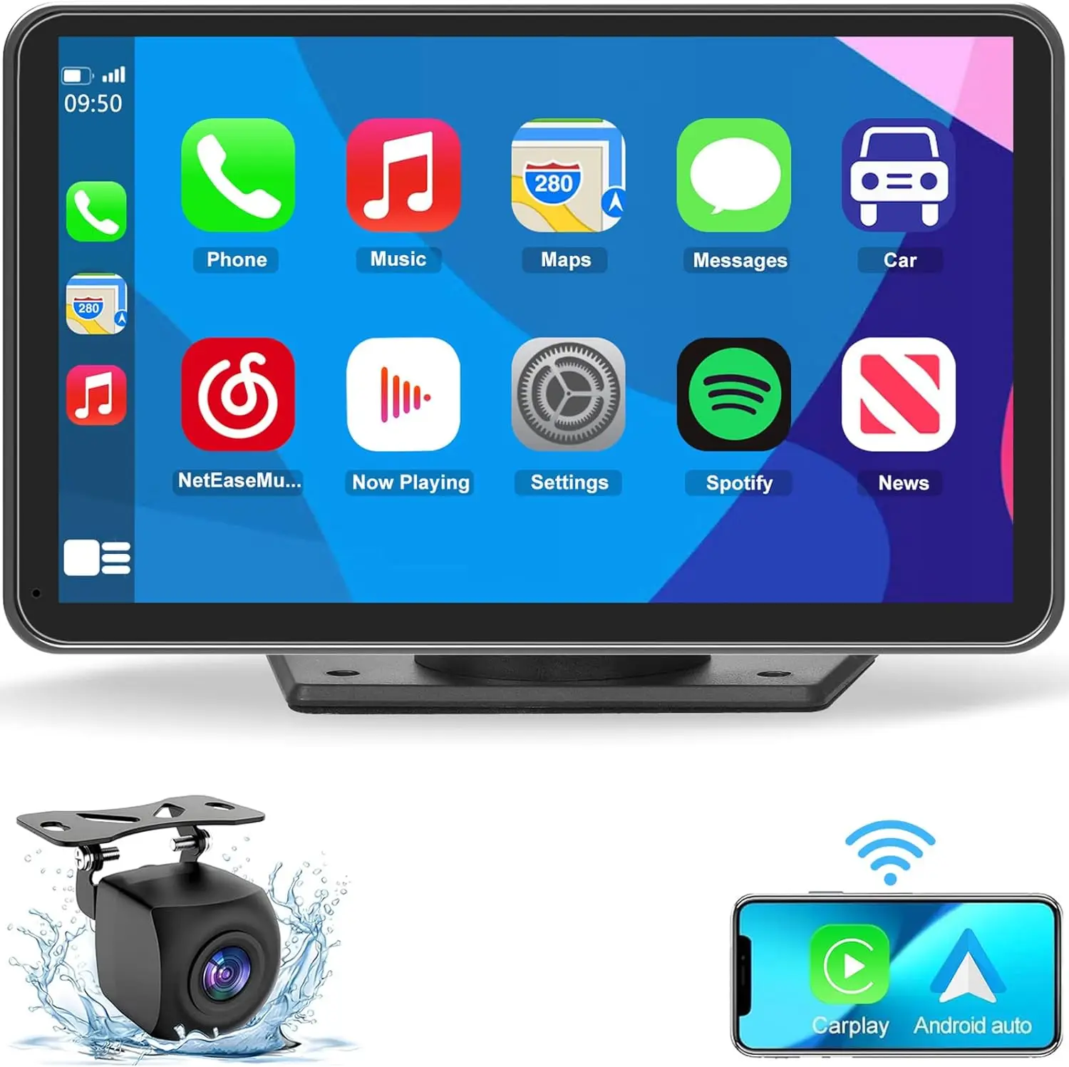 WHATOOK Carplay Portable Wireless Carplay Car Stereo, Wireless CarPlay Screen for Car,Apple Carplay, Android Auto, Air Play, Mirror Link