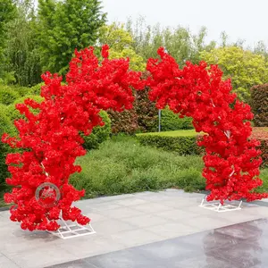 8ft Red Cherry Blossom Wedding Arch Backdrop – Elegant Floral Ceremony Decor