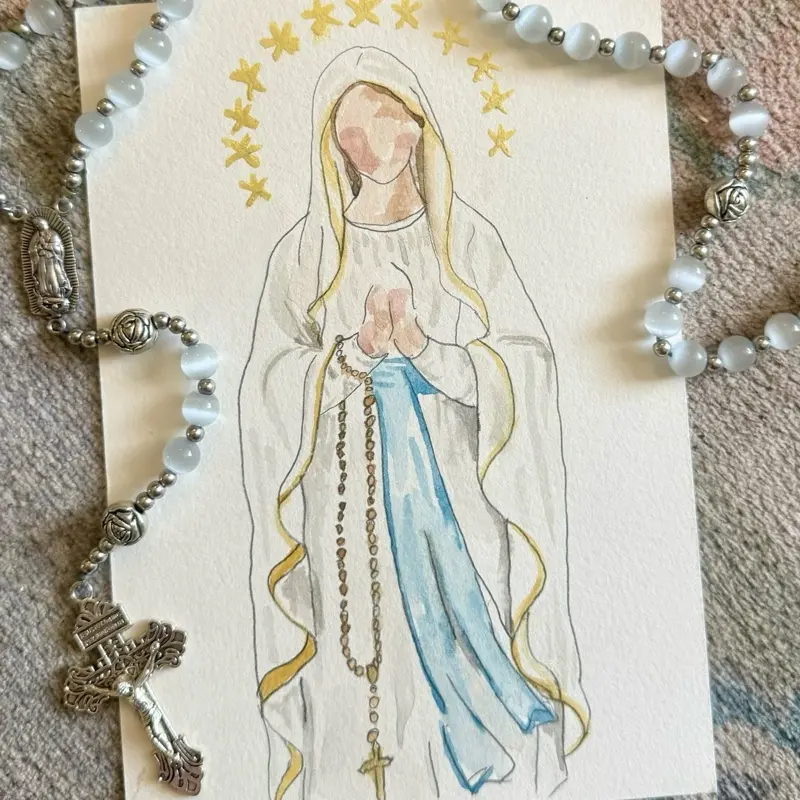 Our Lady of Lourdes Original Watercolor Painting, Handmade Artistic Marian Catholic Wall Art, Unique Religious Room Decor Gift for Living Room, Mother's Day Gift