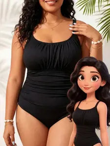 Plus Size Women's One-Piece High Waist Tummy Control Swimsuit, Special Comfort Pure Color Fabric, Perfect for Beach Vacation, All-In-One Swimwear, High Rise Swimwear