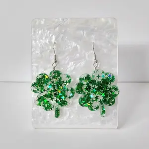#325 Four Leaf Clover with Chunky Green Star Glitter Earrings, Casual, St. Patrick's Day, Irish, Luck, Acrylic