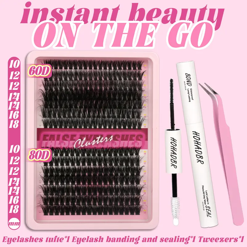 HOHADBR 60D+80D Thick Volume Individual Lashes D Curl 10-18mm Lashes Cluster Eyelash Lash Clusters Eyelash Extension Eyelashes Extension Wispy Individual Lashes Clusters Lash Bond and Seal, Lash Tweezers for Self Use