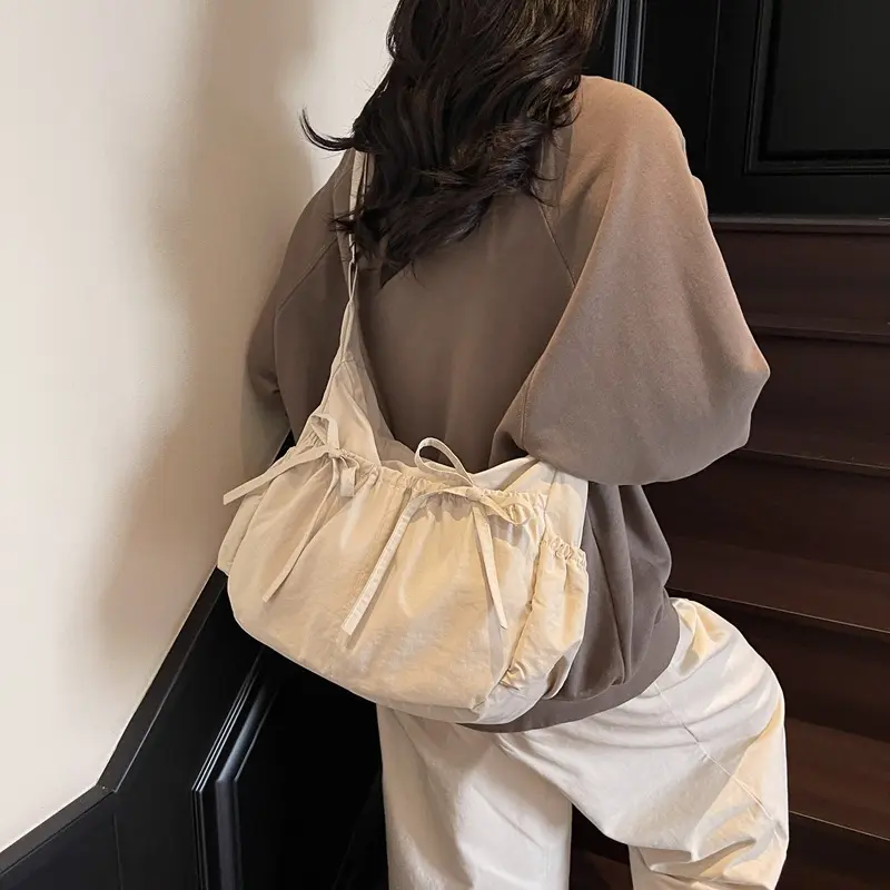 Soft Ruched Bow Nylon Crossbody Bag, Adjustable Wide Strap Casual Shoulder Purse, Minimal Solid Color Lightweight Water Resistant Sling Handbag, Simple Daily Carry Bag Suitable For Campus Life, City Commuting, Weekend Shopping And Casual Outdoor Walks