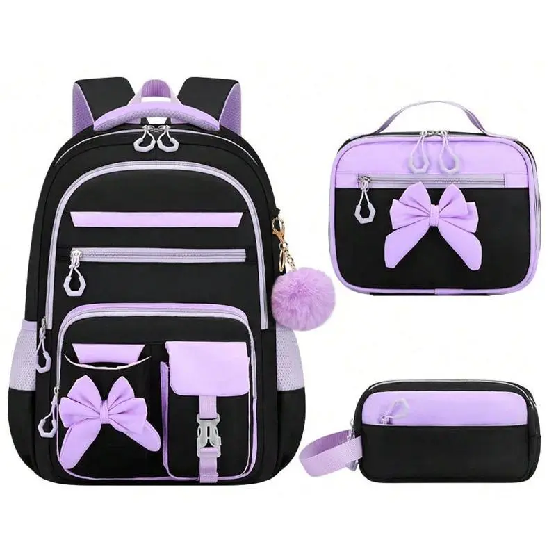 3PCS Cartoon Backpack,lunch Bag,Pencil Case Set Oxford Cloth Waterproof Bow-knot Schoolbag Set Large Capacity Lightweight